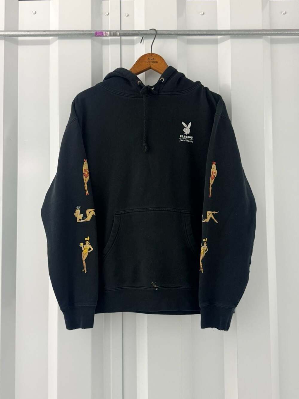 Good Worth Playboy Pinup Sleeve Print Hoodie Sweatshirt Small Black Streetwear